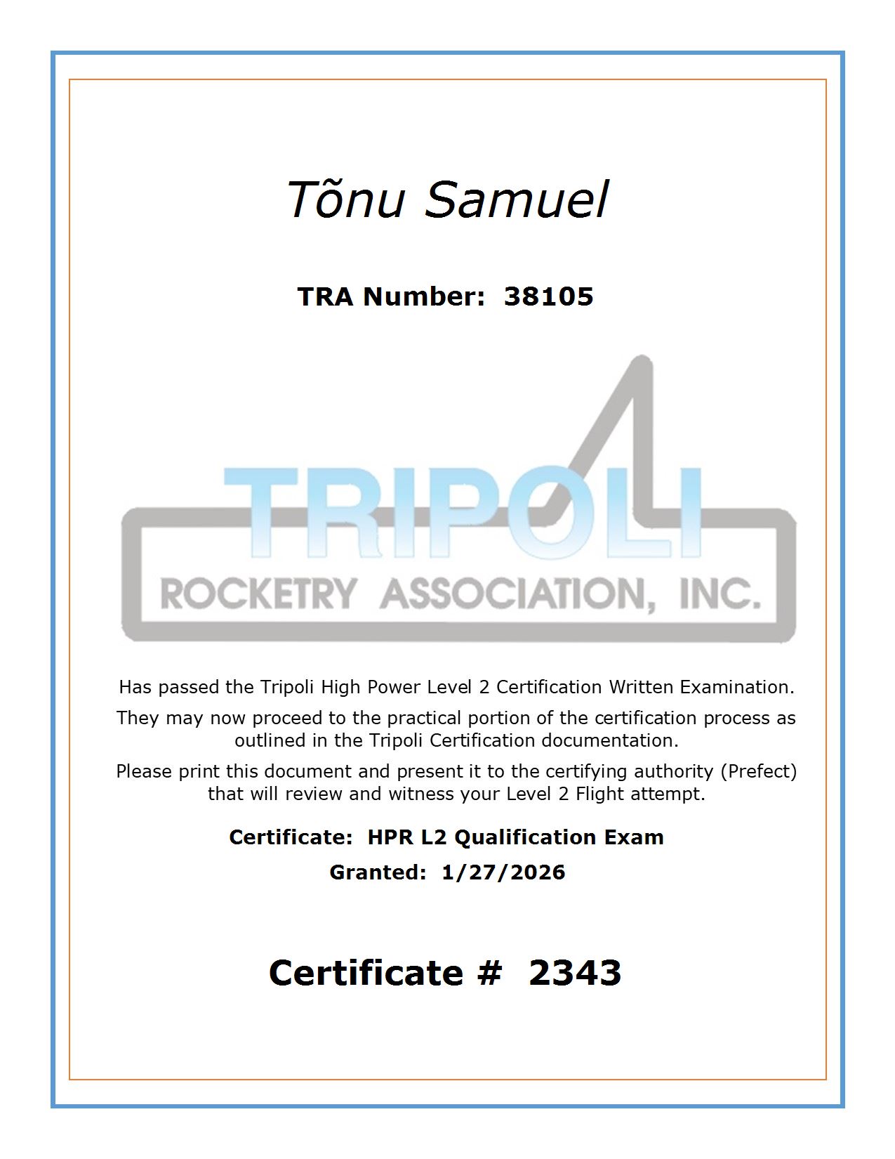 L2 Written Exam Certificate